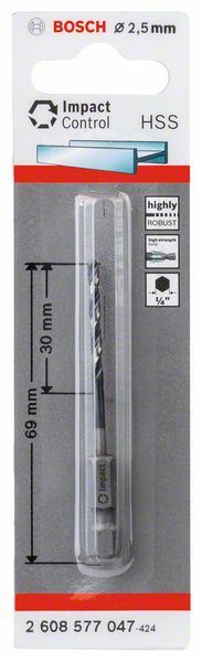 HSS spiralna burgija sa šestostranim prihvatom 2,5mm Bosch 2608577047, 2.5 x 30 x 69 mm