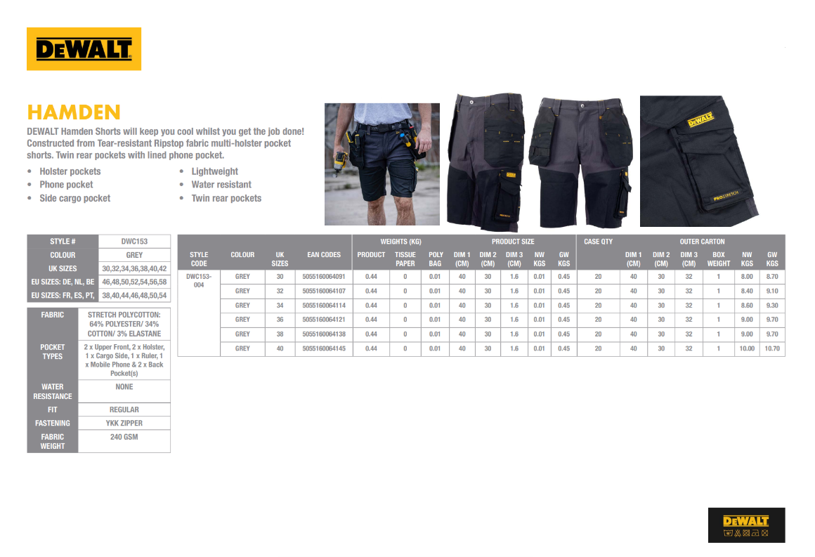DeWalt DWC153-004 Hamden crno-sivi rastegljivi radni šorts - Slika 8